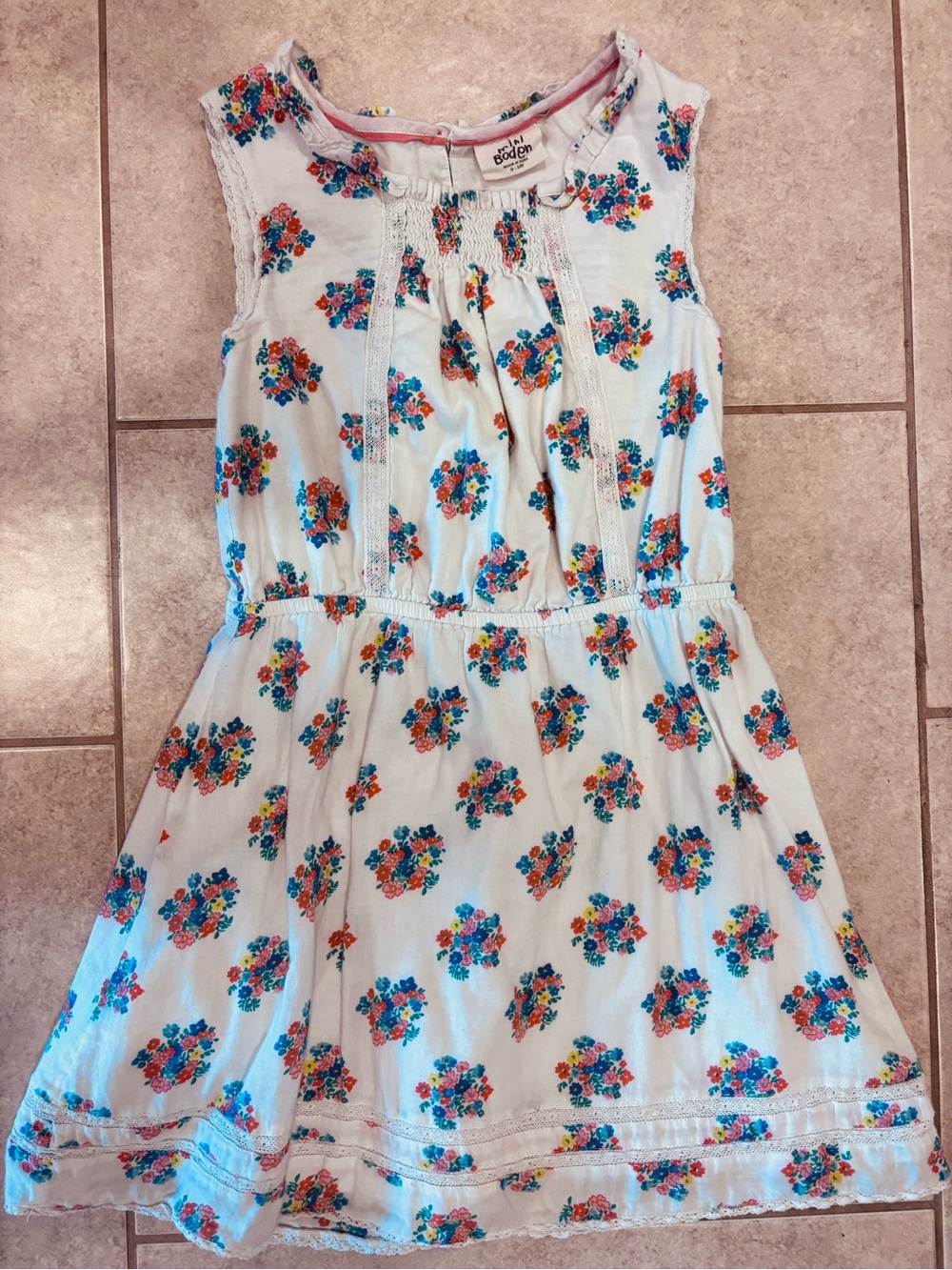 Mini Boden White Floral Print Sleeveless Cotton Dress